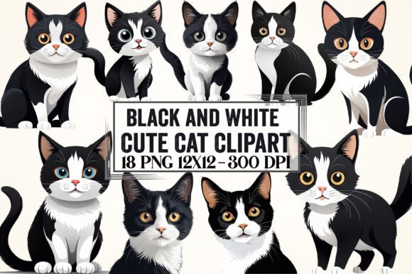 Download Cute Black and White Cat Clipart - White Collection