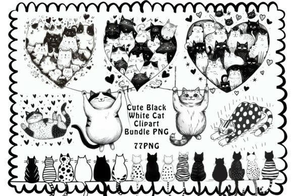 Download Cute Black White Cat Clipart Bundle PNG - White Collection