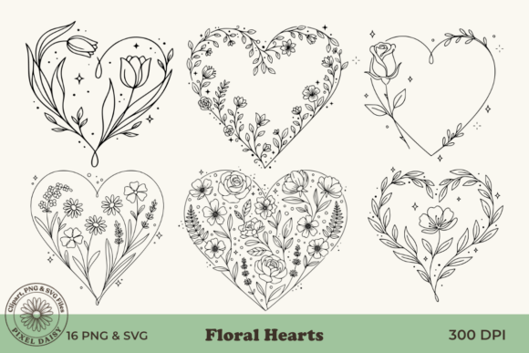Download Floral Hearts Line Art Bundle - Heart Collection